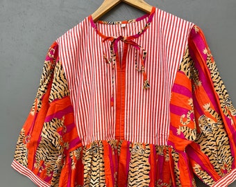 Vestido midi de algodón con rayas de tigre naranja y estampado en bloque