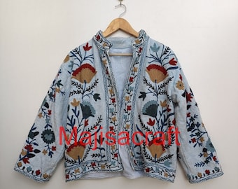 blue New TNT Fabric Suzani Embroidery Jacket, Winter Jacket, Womens Coat, Quilted Jacket, Unisex Coat, Suzani Short Jacket