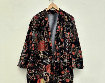 Velvet Kimono Robe: Emerald Green & Rust Orange, Indian Silk Lined