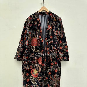 Kimono i sammet: Smaragdgrön och rostorange, fodrad med indiskt siden