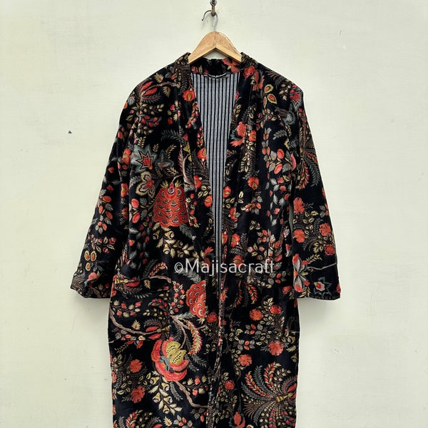 Velvet Jacket for Women's, Bath Robe Resort Wear Kimono, Soft Handmade Bird Print Kimono for Her, New velvet robe birthday gift