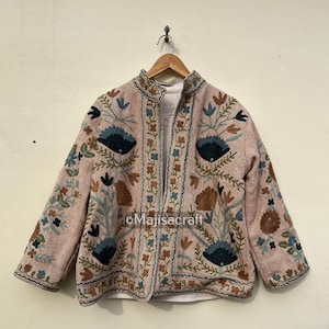 Suzani Embroidery WinterWear Jacket Womens Coat Quilted Jacket Ethnic Unisex Coat, Suzani Short Quilted Jacket Color Beige