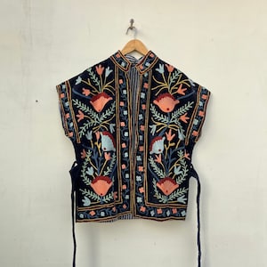 Velvet Suzani Vest: Embroidered Floral Boho Jacket
