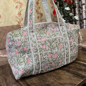 Indian Cotton Quilted Duffle Bag, Block Print Fabric Overnight Bag, Handmade Travel Bag, Eco friendly Duffle Bag, Bohemian Large Weekend Bag