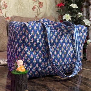 Large Cotton Quilted Duffle Bag Shoulder Bag Weekender Bag For Women Boho Overnight Bag Block Print Travel Bag Valentine Day Gift For He