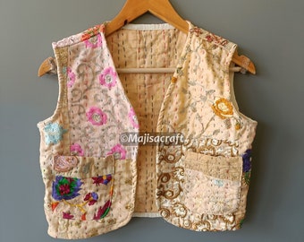 Cutwork Kantha vest jas, Indiase handgemaakte patchwork katoenen vest jas, vrouwen dragen mouwloos vest, cadeau voor haar, kort vest