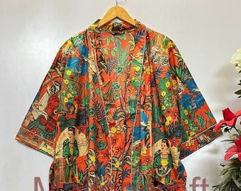Frida Khalo Cotton Kimono Robe Dressing Gown, Block Print Bridesmaid Robe, Summer Nightwear, One Size