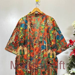 Frida Khalo Cotton Kimono Robe Dressing Gown, Block Print Bridesmaid Robe, Summer Nightwear, One Size