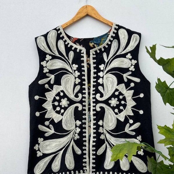 Hand Embroidered Black Short Suzani Jacket Classical Jacket Robe  Suzani cotton vest handmade jacket's, women's clothing,gift for her