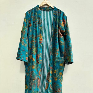 Indian Velvet Kimono Jacket: Long Winter Robe, Floral Print
