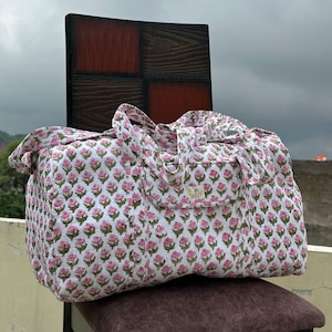Large Cotton Weekender Travel Bag, Handmade Quilted Fabric Duffle Bag, Block Printed Overnight Bags, Hand Luggage Bag, Bags for Women,