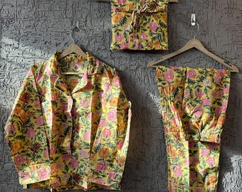 Handmade Cotton Pajama Set: Block Print Boho Loungewear with Pouch