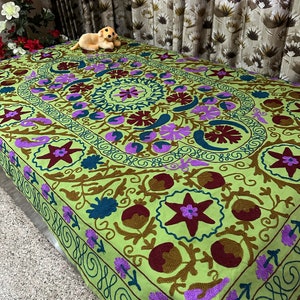 Cotton Suzani Bedspread, twin Size Bedcover, Embroidery Comforter, Suzani Wall Hanging, Floral Bed Linen, Antique Quilt, Boho Suzani Fabric