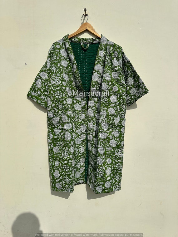 Hand Quilted Floral Kantha Robe, Cotton Kimono, House Coat