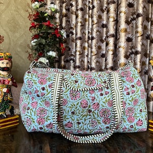 Quilted Duffle Tote Shoulder Patch Bag Cotton Handprint Floral Eco friendly Sustainable bag, Yoga Shopping Beach Artist Boho Weekend bag