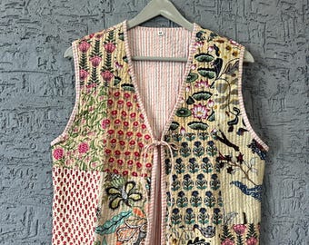 Handmade Cotton Quilted Vest: Vintage Patchwork Kimono Jacket