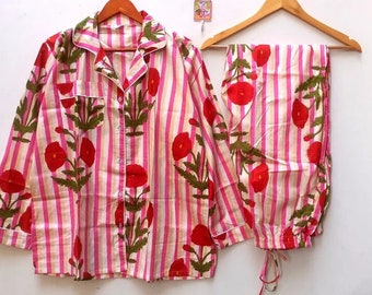 Handmade Cotton Pajama Set, Striped Floral Print Nightwear