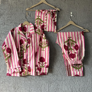 Handmade Cotton Pajama Set: Block Print Boho Loungewear with Pouch
