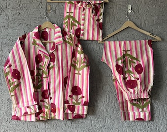 Handgemachter Pyjama aus Baumwolle: Block Print Boho Loungewear mit Beutel