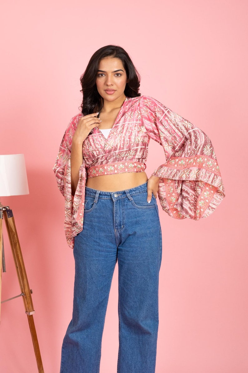 Silk Boho Self Tie Wrap Crop Top/bell Sleeve Crop Top/tie Front Bell