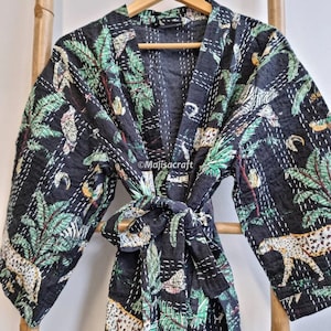 Chaqueta Kantha hecha a mano, bata acolchada de algodón, bata de dama de honor, vestido de fiesta nupcial con lunares, bata, bata Kantha, estampado de safari