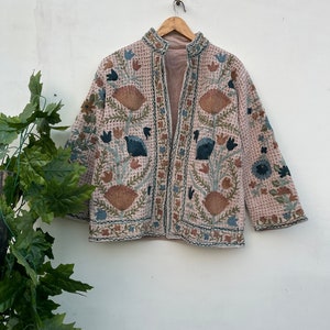 New Trending black handmade suzani embroidery tnt jacket women's clothing Ladies short bomber coat, Handloom Khadi Jacket Bohemian Style Beige