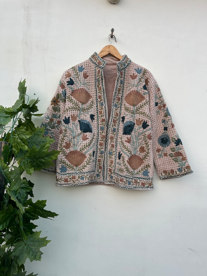 New Trending black handmade suzani embroidery tnt jacket women's clothing Ladies short bomber coat, Handloom Khadi Jacket Bohemian Style Beige