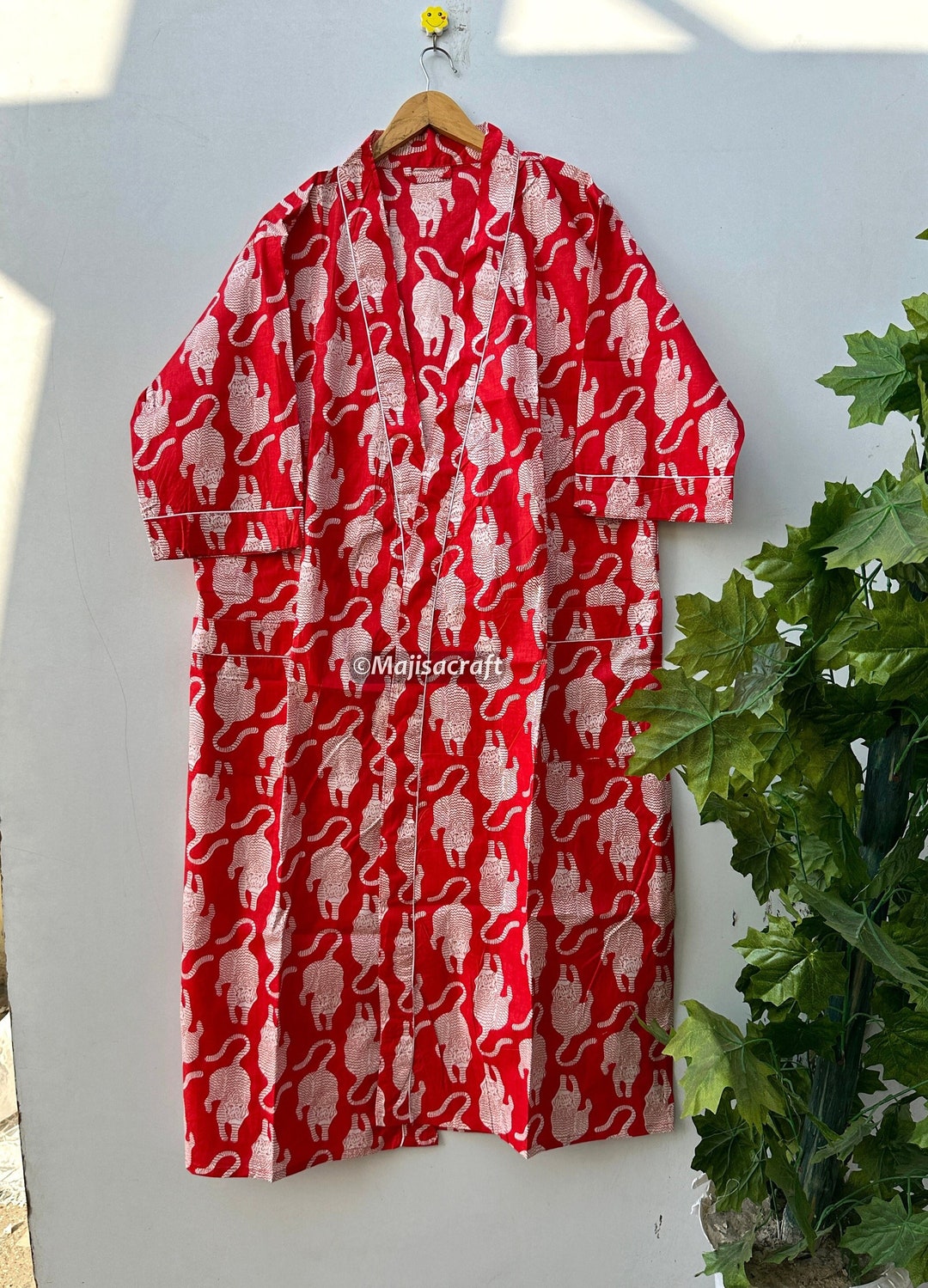 Red Cotton Kimono Robe, Cat Print, Boho Loungewear - Etsy