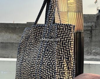 Hand Block Print Quilted Cotton Tote Bag, Lightweight Indian Shoulder Bag