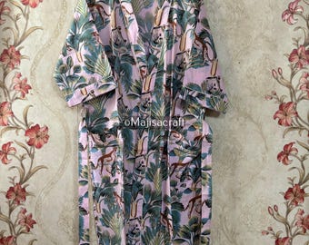 Floral Print Cotton Kimono Robe, Beach Cover Up, Lounge Wear
