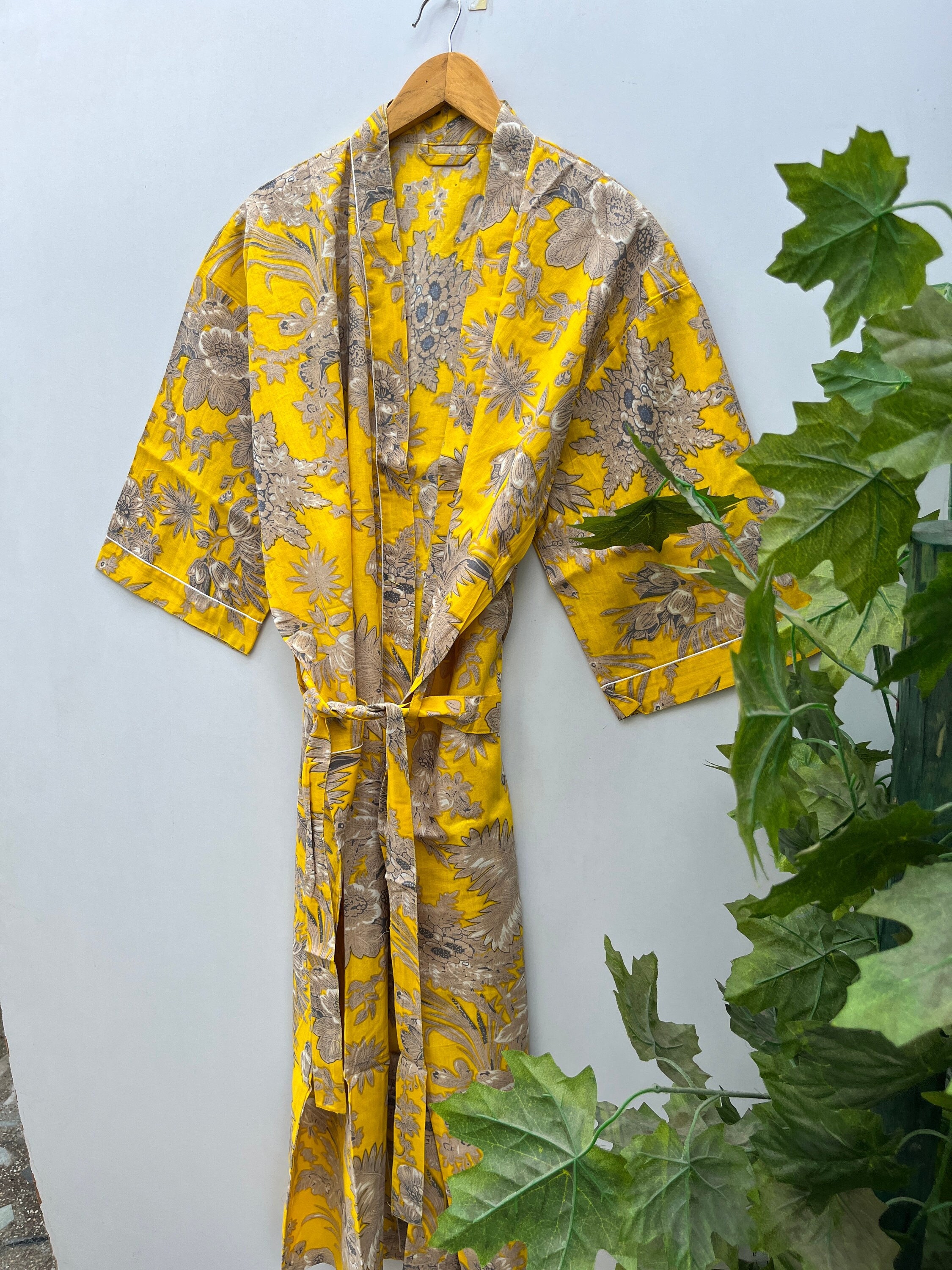 Roben für Frauen, Baumwoll-Kimono-Robe, Brautjungfern-Roben, Unisex, indischer Morgenmantel, Unisex, Blockdruck, Strandvertuschungen, Brautjungfern-Geschenke