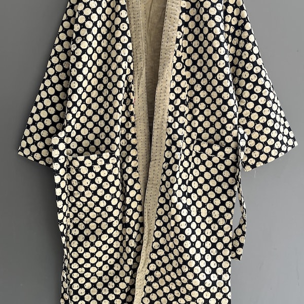 Handmade Kantha Quilted Kimono Robe: Polka Dot Cotton Jacket