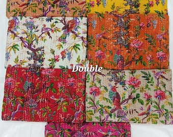 Indische Kantha Quilt Bettwäsche werfen Sofa Sofa Tagesdecke Tagesdecke Einzelgröße Handgemachte Decke Vogel Druck