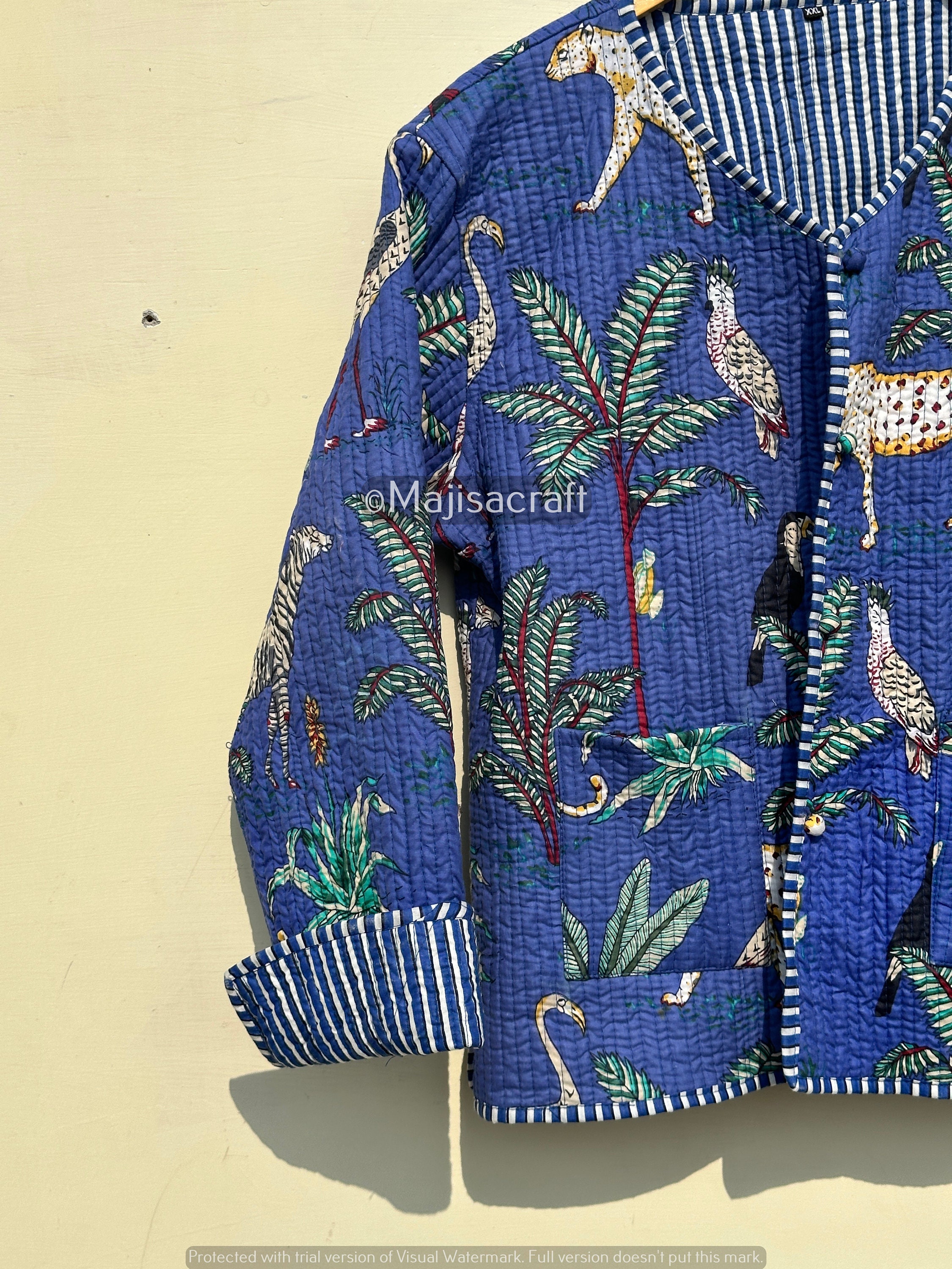 Cotton Quilted Jacket Women Wear Front Open Kimono Stripe Piping