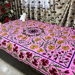 Cotton Suzani Bedspread, twin Size Bedcover, Embroidery Comforter, Suzani Wall Hanging, Floral Bed Linen, Antique Quilt, Boho Suzani Fabric