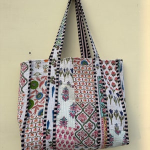 Quilted Duffie Tote Shoulder Patch Bag Cotton Hand print Floral Eco friendly Sustainable bag, Yoga Shopping Beach Artist Boho Weekend bag