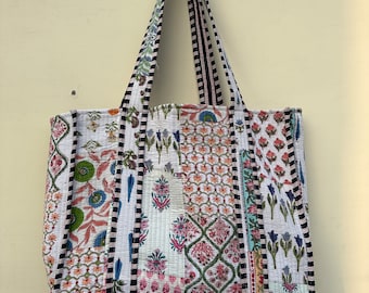 Gesteppte Duffie Tote Umhängetasche Baumwolle Handabdruck Blumen Umweltfreundlich Nachhaltige Tasche, Yoga Shopping Strand Künstler Boho Weekend Tasche