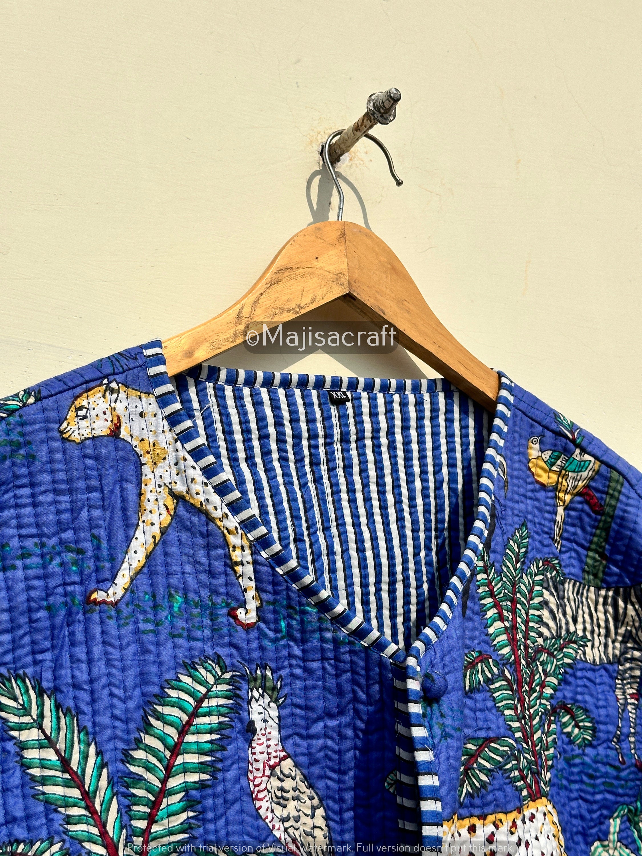 Cotton Quilted Jacket Women Wear Front Open Kimono Stripe Piping