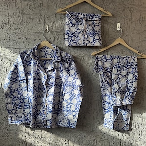 Ensemble de pyjama en coton à imprimé blocs de main Jaipur : vêtements de nuit d'été gris