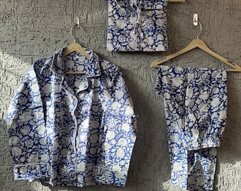 Jaipur's Hand Block Print Baumwolle Pyjama Set: Graue Sommer Nachtwäsche