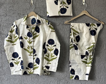 Hand Block Print Cotton Pajama Set: Indian Floral Nightwear