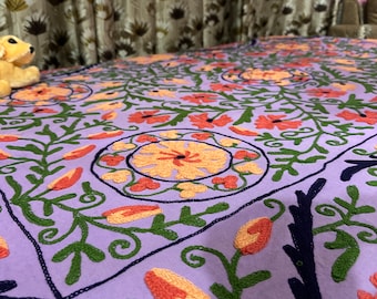 Handmade Cotton Suzani Throw Blanket, Uzbek Embroidery Bedspread