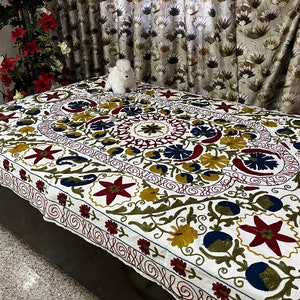 Cotton Suzani Bedspread, twin Size Bedcover, Embroidery Comforter, Suzani Wall Hanging, Floral Bed Linen, Antique Quilt, Boho Suzani Fabric