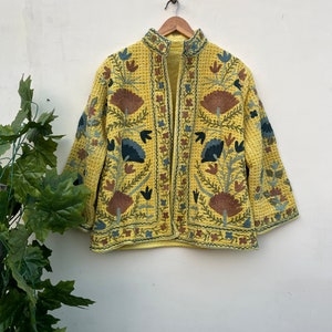 New Trending black handmade suzani embroidery tnt jacket women's clothing Ladies short bomber coat, Handloom Khadi Jacket Bohemian Style Yellow