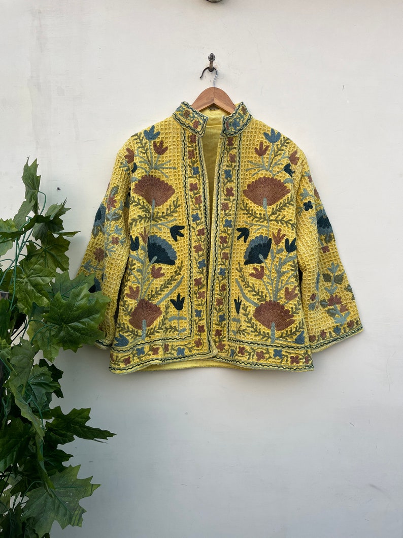 New Trending black handmade suzani embroidery tnt jacket women's clothing Ladies short bomber coat, Handloom Khadi Jacket Bohemian Style Yellow