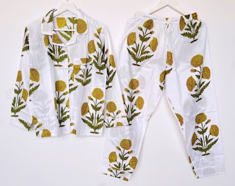 Hand Block Printed Cotton Pajama Set, Floral PJs