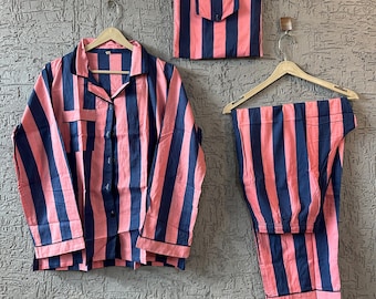 Floral Stripe Baumwolle Pyjama Set: Indische Handblockdruck Nachtwäsche