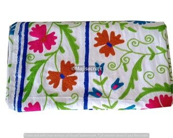 Handmade Suzani Bedcover: Embroidered Cotton Floral Throw, Wall Hanging