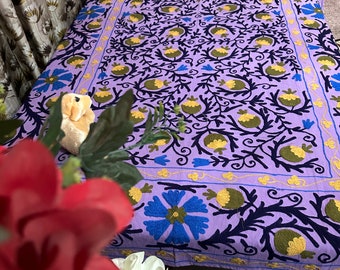 Handmade Suzani Embroidery Cotton Bedcover, Uzbek Floral Throw