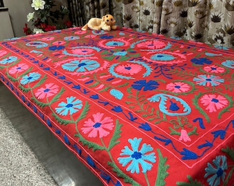 Handmade Suzani Bedspread, Floral Embroidery, Boho Cotton Bedcover